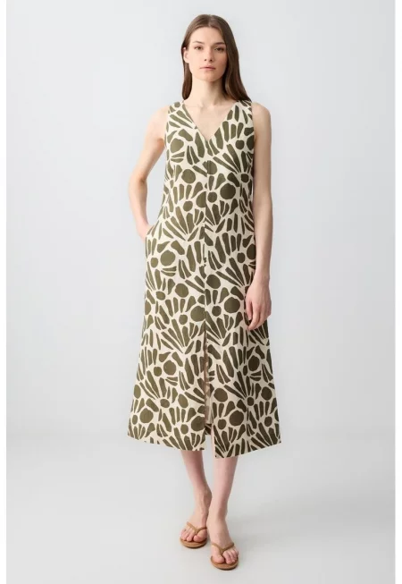 Ленена рокля с принт - Папратово зелено/Крем