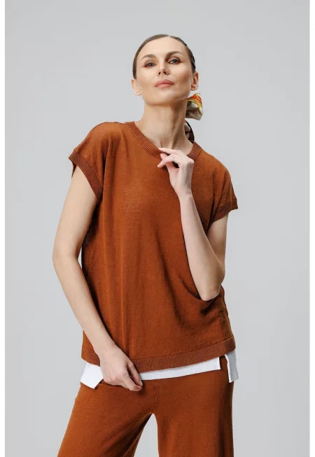 Ленена тениска с овално деколте - Карамел