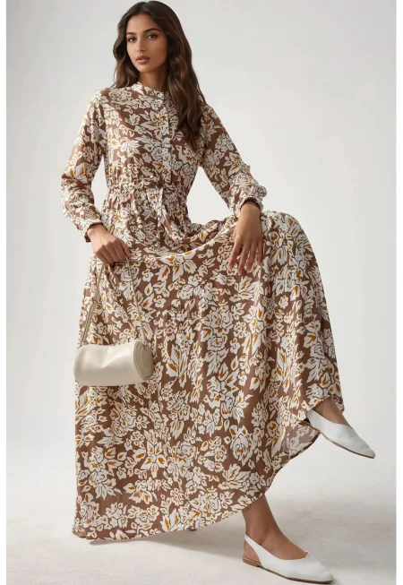 Макси рокля -  щампа - изискана яка - бежово - вискоза