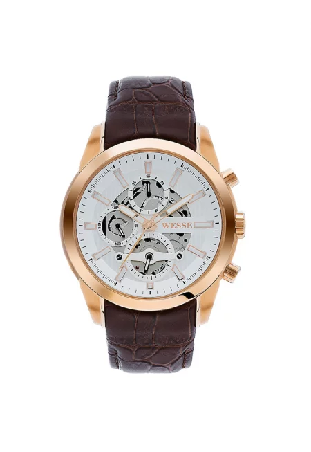 Мъжки часовник  модел WWG401003L - с кафява каишка - кръгъл стоманен корпус от розово злато - бял циферблат - водоустойчивост 5 ATM