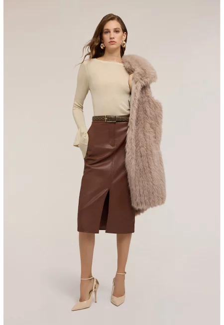 Миди пола от еко кожа - Канелено кафяво