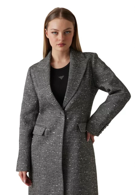 Палто с раздвоен ревер и джобове с капаче - Сив меланж