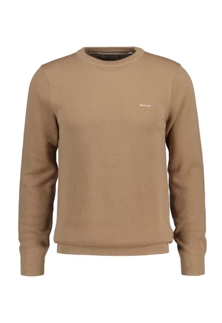 Памучен пуловер с овално деколте - Бежов