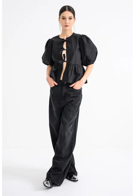 Памучна блуза с бухнали ръкави - Черен