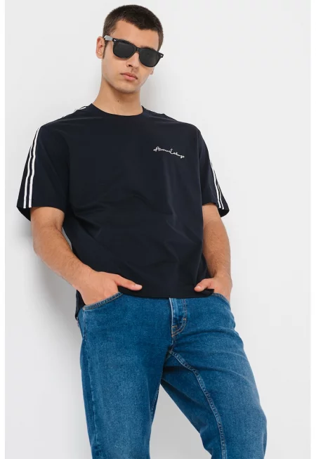 Памучна тениска с овално деколте - Бял/Тъмносин