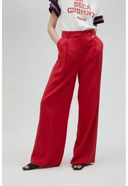 Панталон с лен с широк крачол и висока талия - Аленочервен