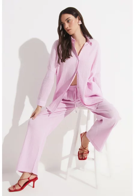 Панталон с широк крачол с връзка - Лилав