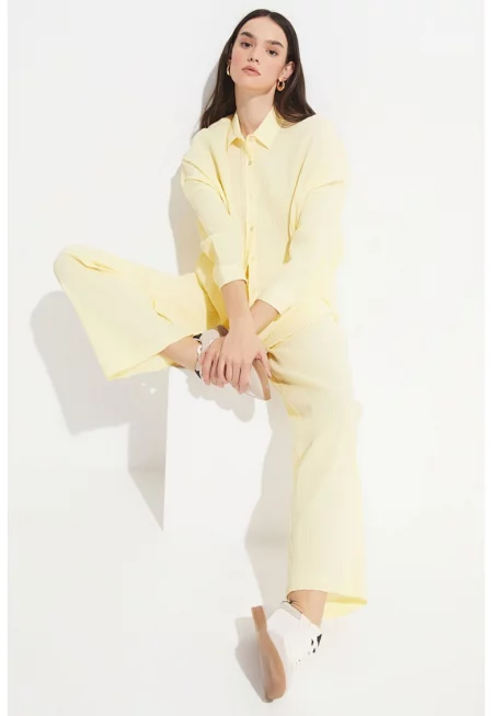 Панталон с широк крачол с връзка - Сламеножълт