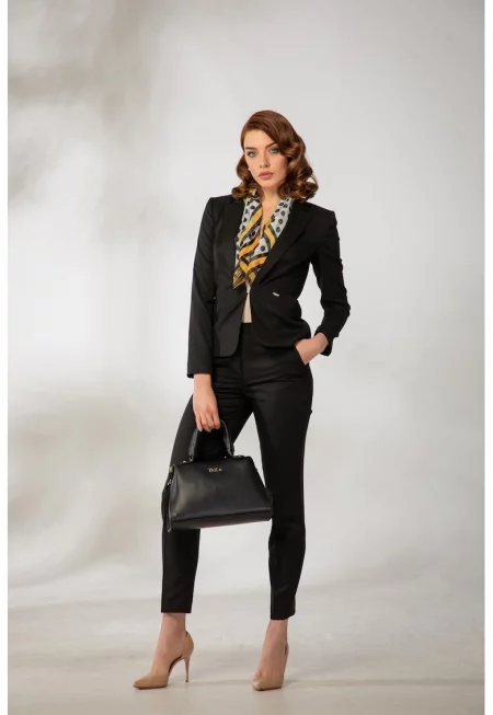 Панталони slim fit от смес от лен с вложки от лурекс - Черен