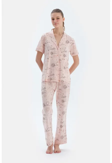 Пижама с модал с фигурален принт - Черен/Пастелнорозов/Изгорен портокал