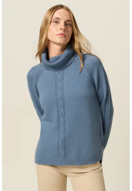 Плетен пуловер с вълна с поло и плетка осморка