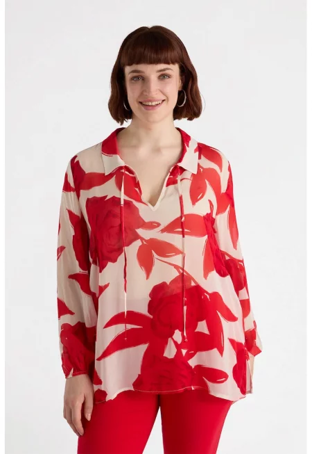 Полупрозрачна блуза с панделка-яка - Червен/Бежов
