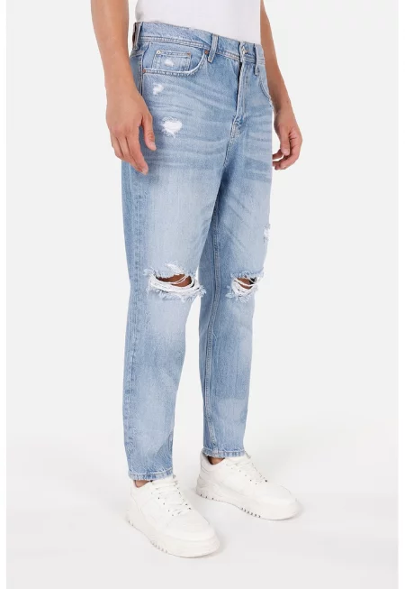 Прави дънки с отвори - Пастелносин