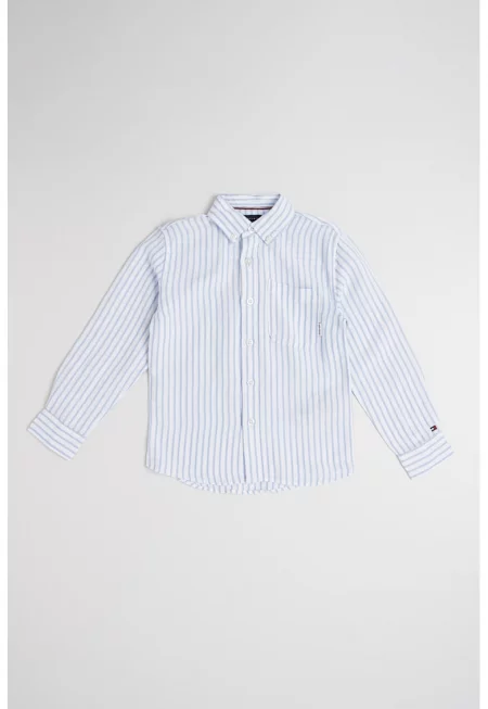 Риза с лен на райе - Бял/Светлосин