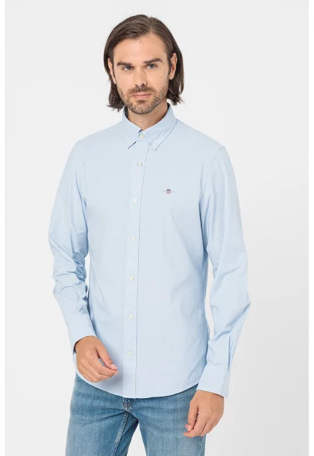 Риза с памук и лого - Пастелносин