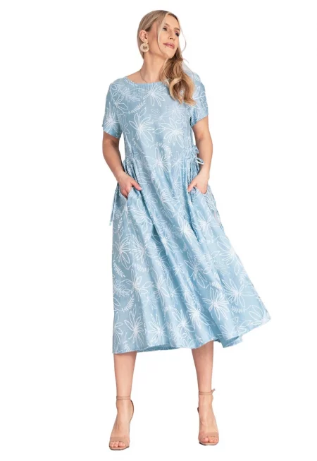 Рокля  флорален принт - синя - дишаща материя - връзки отстрани - вискоза/найлон - един размер