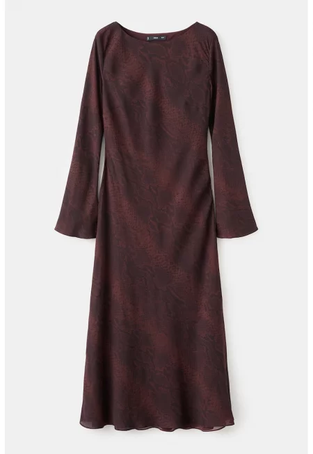 Рокля с дълги ръкави и принт - Коняк кафяв/Избеляло черно