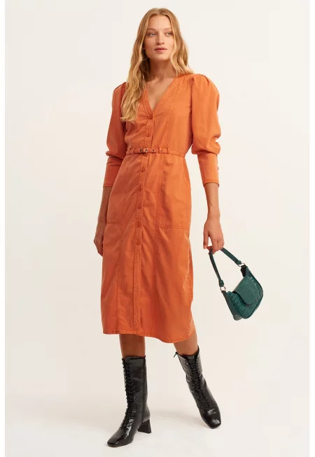 Рокля с лиосел с бухнали ръкави - Мандарина