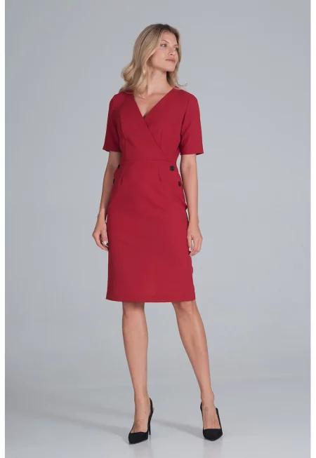 Рокля тип „молив“  червена - къс ръкав - полиестер -