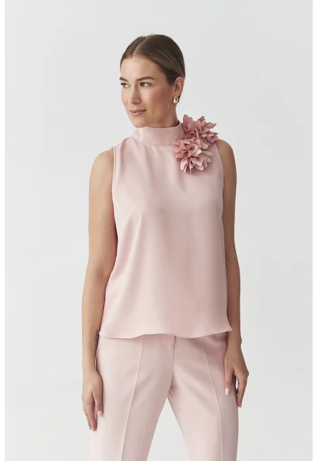 Сатенена блуза с флорален детайл - Бледо розово
