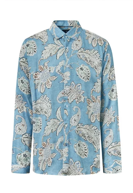 Широка риза с флорален принт - Син