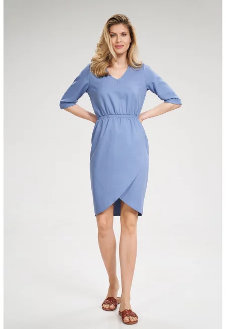 Синя рокля  M702 - къси ръкави - V-образно деколте - 100% полиестер