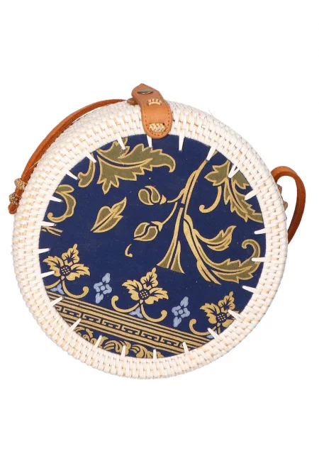 Сламена чанта през рамо - Слонова кост/Тъмносин