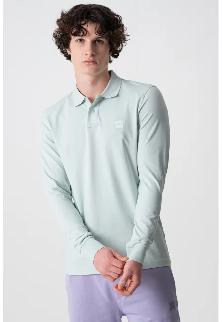 Слим блуза с яка - Светлосин