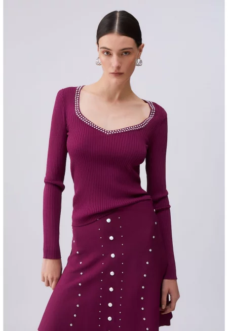 Слим пуловер с рипс - Виолетов