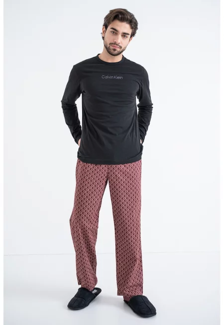 Свободна памучна пижама с лого - Бордо/Черен