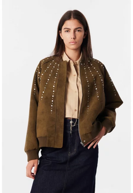 Свободно яке бомбър от еко велур с нитове - Маслинено зелено