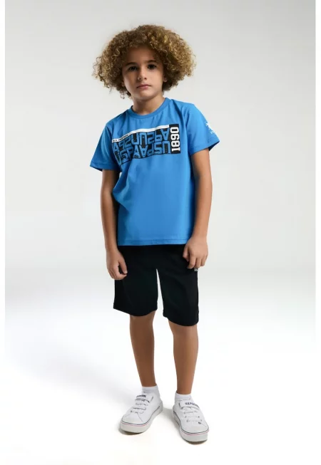 Тениска и къс панталон - Пастелносин/Избеляло черно/Бял