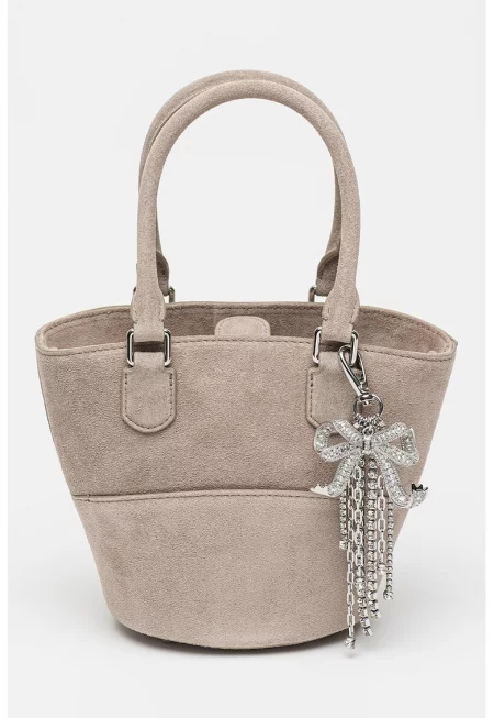 Велурена чанта с кристал - Сиво-бежов