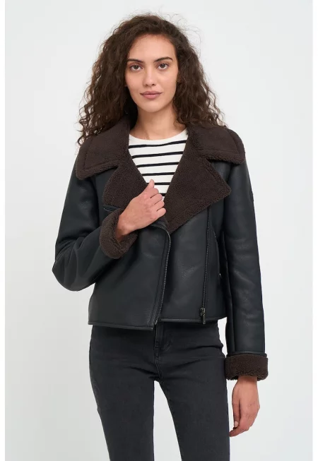 Яке от еко кожа с раздвоен ревер - Черен