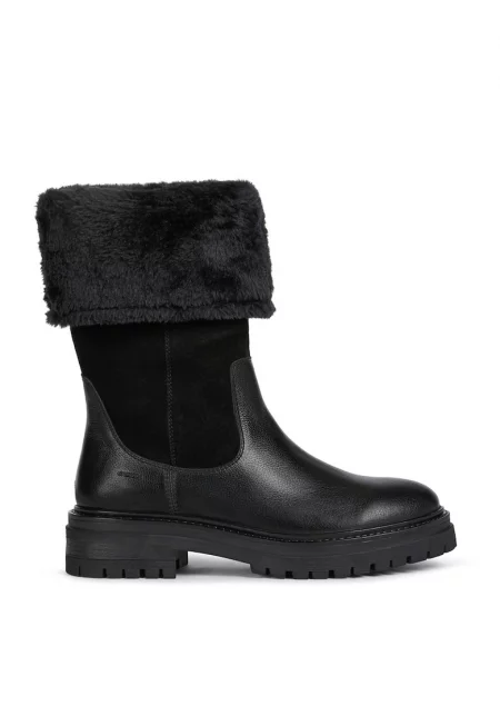 Ботуши от кожа и велур с еко пух - Черен
