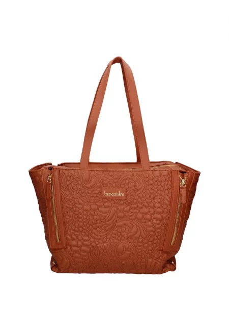 Чанта от еко кожа с ципове встрани - Кафяв