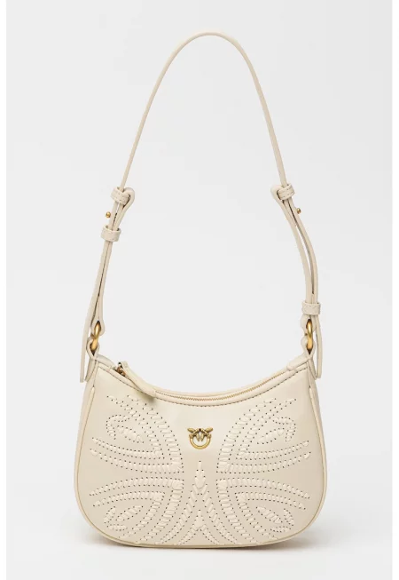 Чанта за рамо Half Moon Baby с бродерия от рафия - Слонова кост