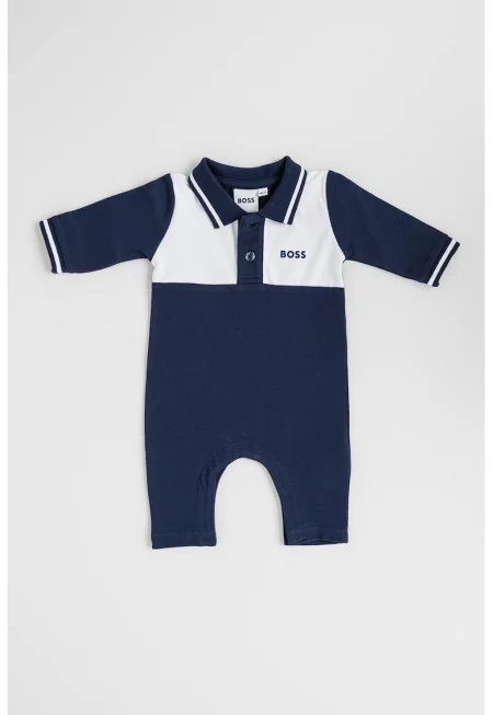 Дълъг гащеризон с памук и капси - Бял/Тъмносин