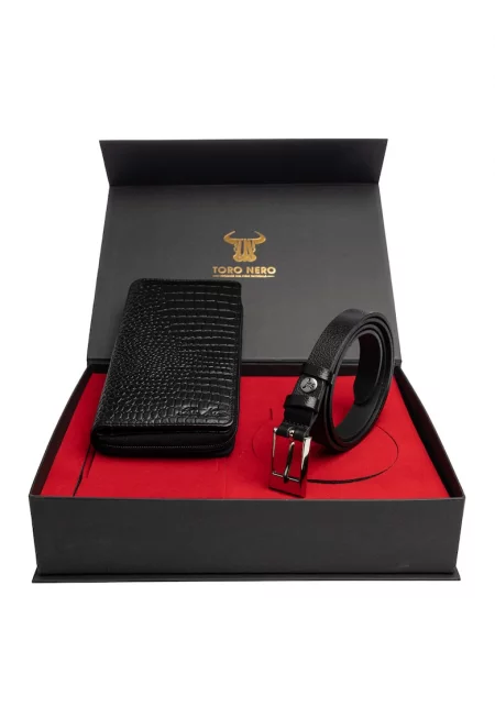 Дамски портфейл и комплект колан естествена кожа черен Gia-Slim