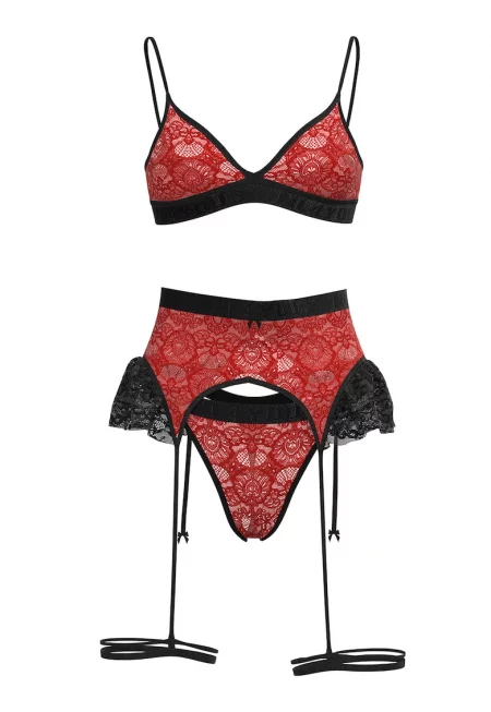 Дантелен комплект Hera с контрасти - 3 части - Червен/Черен