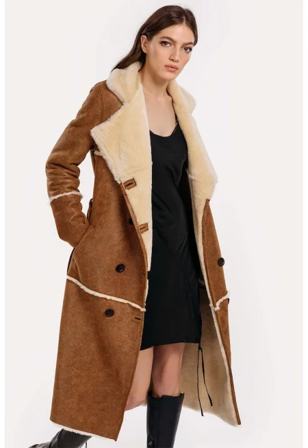 Двуредно кожено палто Lora - Слонова кост/Светлокафяв