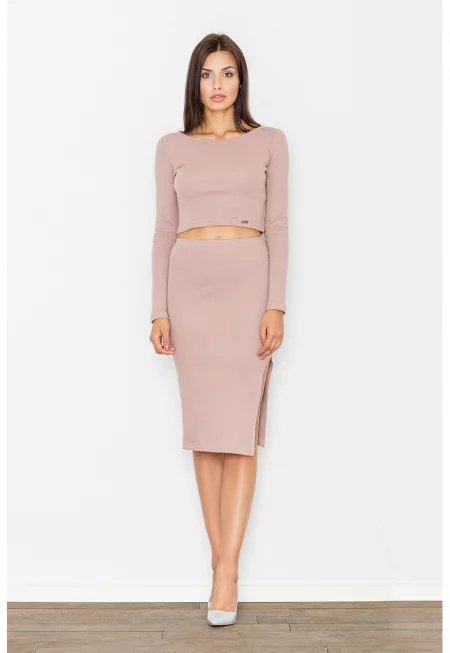 Елегантен дамски комплект  къс топ и пола - тъмно розов - 98% памук - 2% еластан -