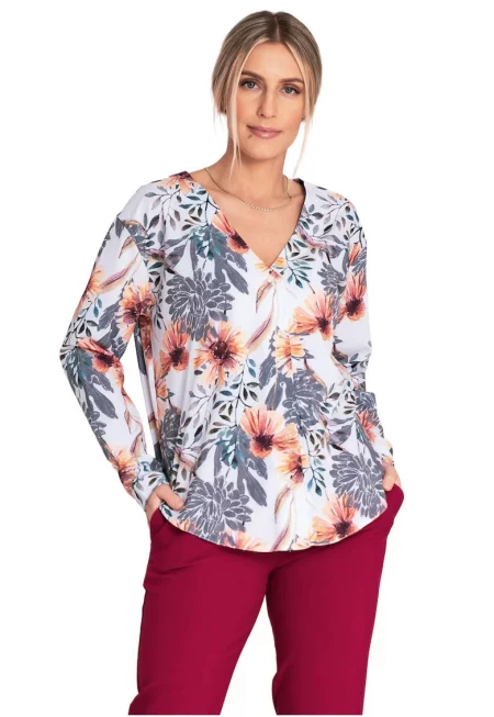 Елегантна блуза  модел с V-образно деколте - дълъг ръкав - многоцветна - полиестер-еластан