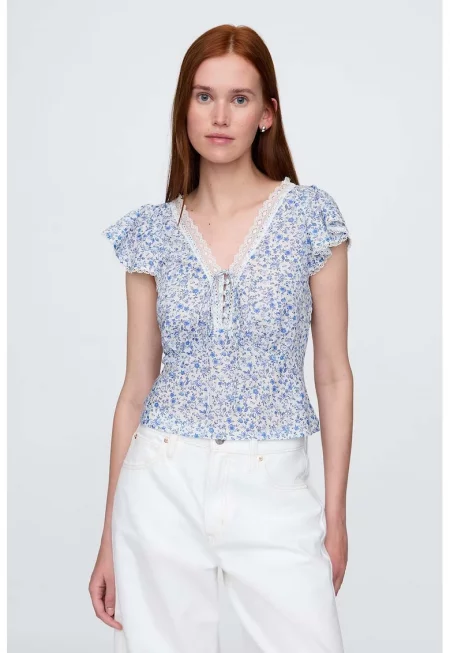 Флорална блуза с дантела - Бял/Син