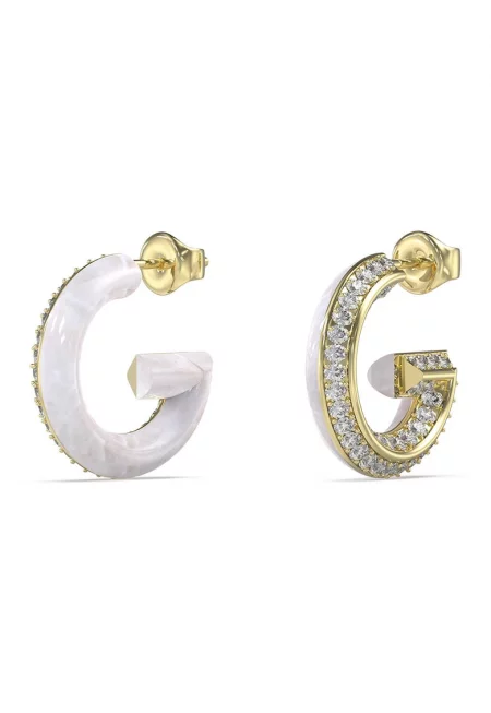 G-образни обеци-халки от неръждаема стомана с кристали и смола - Бял/Златист