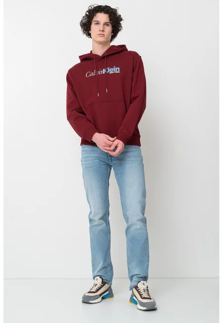 Худи с джоб кенгуру и лого - Бордо/Прашно синьо