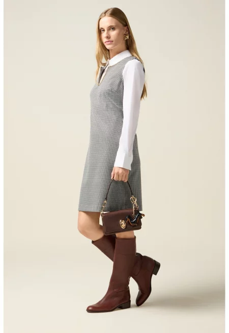 Карирана рокля с отвор - Бял/Черен