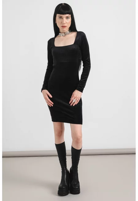 Къса рокля с кадифен ефект - Черен