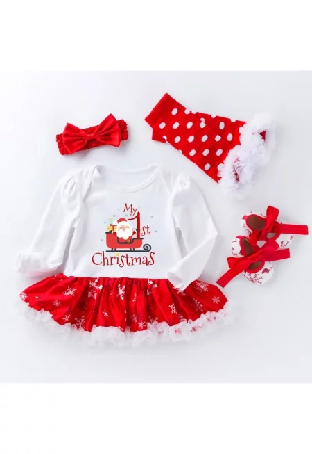 Коледен комплект от 4 части - рокля - чорапи - лента за глава и буйки - за малки момичета