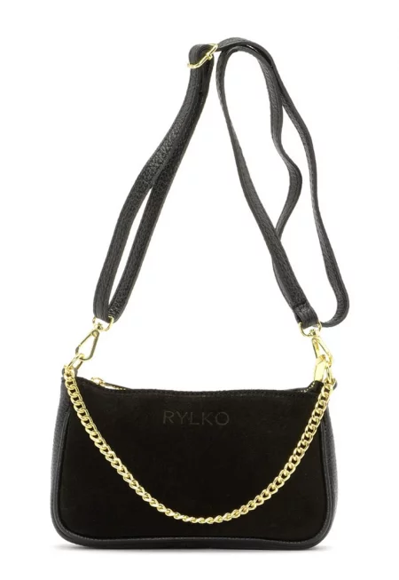 Кожена чанта за рамо с отделяща се презрамка - Черен